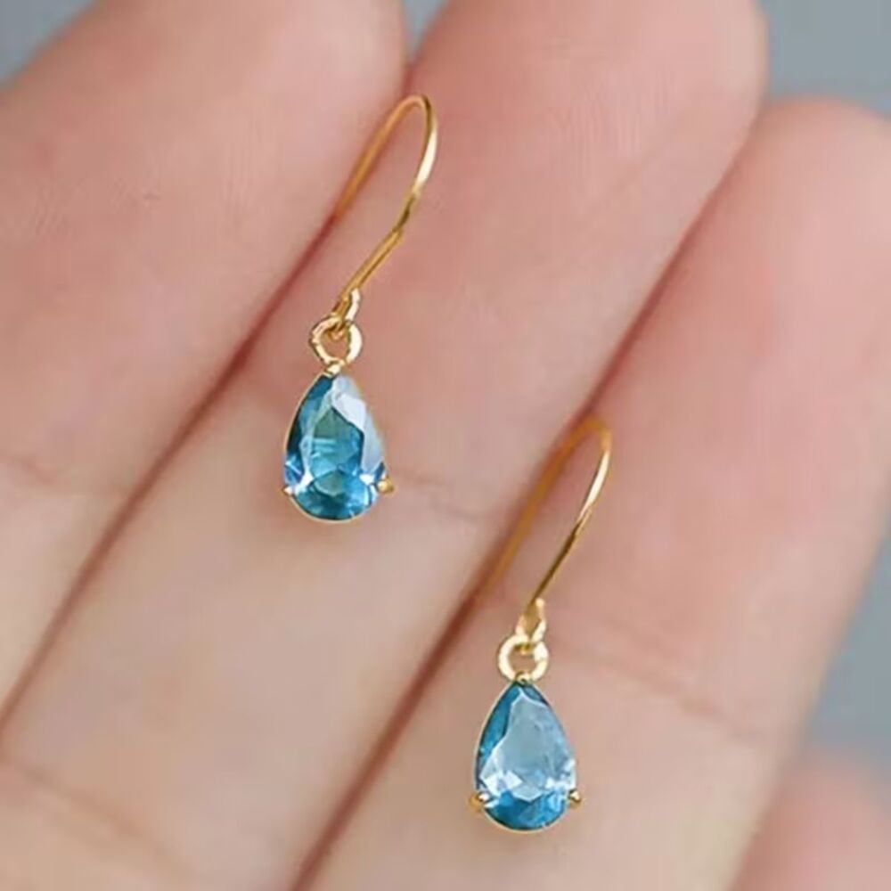 Light Blue Teardrop Zirconia Crystal Drop Earrings Gold Dangle Gemstone Pendant